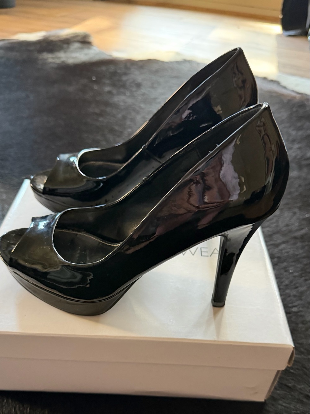 Report Black Patent Peep-Toe Platform Heels